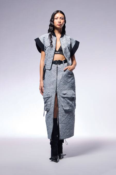 Buy Cilvr Gray Polyester, Viscose Collared Slate Grey Crushed Crop Jacket And Cargo Skirt Online at Aza Fashions Buy_Cilvr_Gray Polyester, Viscose Collared Slate Grey Crushed Crop Jacket And Cargo Skirt _Online_at_Aza_Fashions