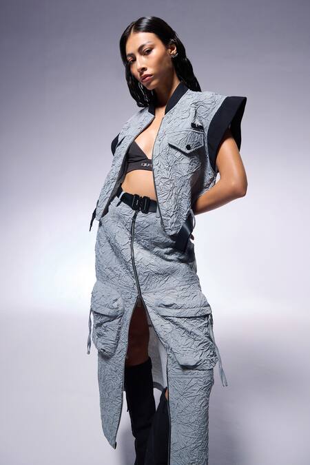 Cilvr Gray Polyester, Viscose Collared Slate Grey Crushed Crop Jacket And Cargo Skirt at Aza Fashions Cilvr_Gray Polyester, Viscose Collared Slate Grey Crushed Crop Jacket And Cargo Skirt _at_Aza_Fashions