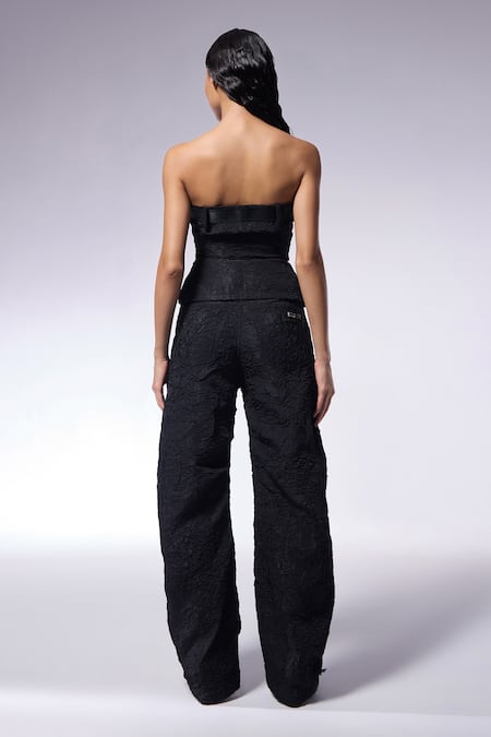Cilvr_Black Polyester, Viscose Off-shoulder Crushed Texture Corset Top Pant Set _Online_at_Aza_Fashions
