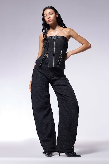 Buy_Cilvr_Black Polyester, Viscose Off-shoulder Crushed Texture Corset Top Pant Set _Online_at_Aza_Fashions