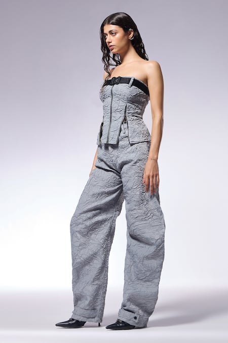 Buy Cilvr Gray Polyester, Viscose Slate Grey Zipper Slit Corset Top And Pant Set Online at Aza Fashions Buy_Cilvr_Gray Polyester, Viscose Slate Grey Zipper Slit Corset Top And Pant Set _Online_at_Aza_Fashions