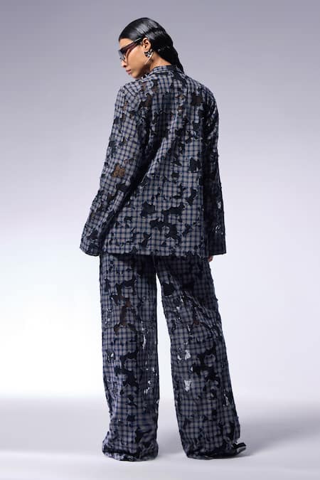 Shop Cilvr Blue Cotton, Polyester Collared Deconstructed Checkered Shirt And Trouser Set at Aza Fashions Shop_Cilvr_Blue Cotton, Polyester Collared Deconstructed Checkered Shirt And Trouser Set_at_Aza_Fashions