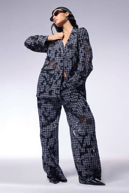 Cilvr Blue Cotton, Polyester Collared Deconstructed Checkered Shirt And Trouser Set Online at Aza Fashions Cilvr_Blue Cotton, Polyester Collared Deconstructed Checkered Shirt And Trouser Set_Online_at_Aza_Fashions