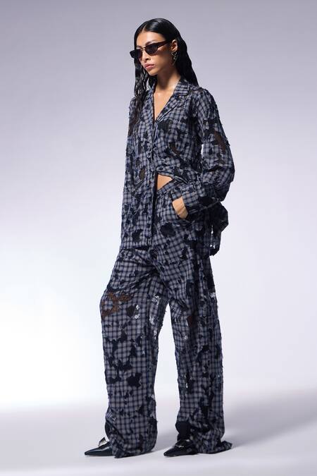 Buy Cilvr Blue Cotton, Polyester Collared Deconstructed Checkered Shirt And Trouser Set Online at Aza Fashions Buy_Cilvr_Blue Cotton, Polyester Collared Deconstructed Checkered Shirt And Trouser Set_Online_at_Aza_Fashions