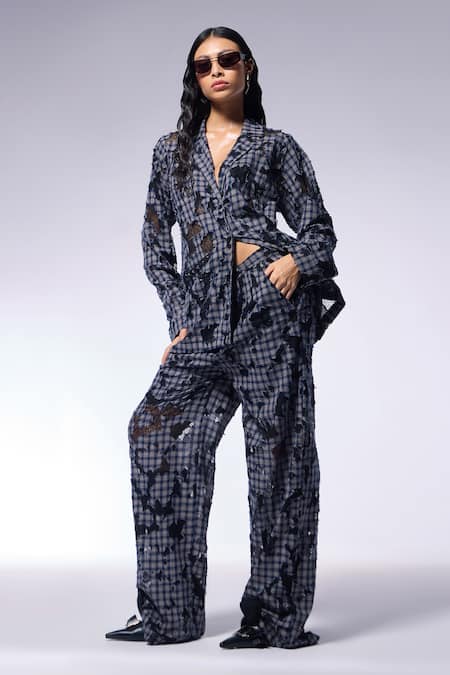 Cilvr Blue Cotton, Polyester Collared Deconstructed Checkered Shirt And Trouser Set at Aza Fashions Cilvr_Blue Cotton, Polyester Collared Deconstructed Checkered Shirt And Trouser Set_at_Aza_Fashions