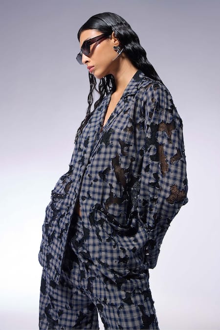 Shop Cilvr Blue Cotton, Polyester Collared Deconstructed Checkered Shirt And Trouser Set Shop_Cilvr_Blue Cotton, Polyester Collared Deconstructed Checkered Shirt And Trouser Set