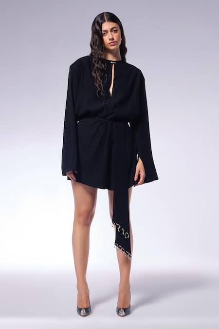 Cilvr Black Polyester, Viscose Metallic Thread Septum Embellished Top And Draped Skirt Online at Aza Fashions Cilvr_Black Polyester, Viscose Metallic Thread Septum Embellished Top And Draped Skirt _Online_at_Aza_Fashions