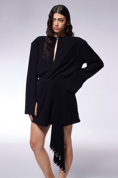 Shop Cilvr Black Polyester, Viscose Metallic Thread Septum Embellished Top And Draped Skirt Online at Aza Fashions Shop_Cilvr_Black Polyester, Viscose Metallic Thread Septum Embellished Top And Draped Skirt _Online_at_Aza_Fashions