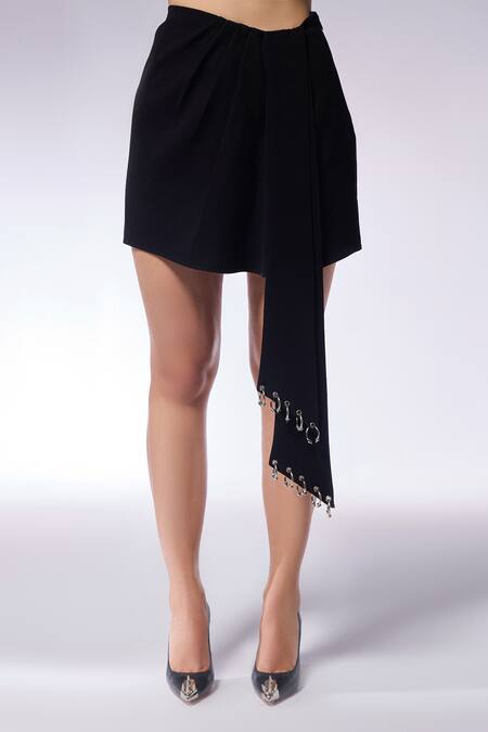 Cilvr Black Polyester, Viscose Metallic Thread Septum Embellished Top And Draped Skirt at Aza Fashions Cilvr_Black Polyester, Viscose Metallic Thread Septum Embellished Top And Draped Skirt _at_Aza_Fashions