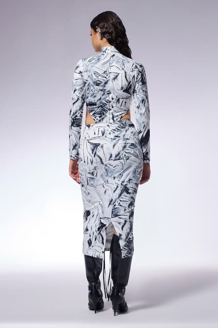 Shop Cilvr Black Polyester, Spandex High Neck Crushed Paper Print Bodysuit Top And Skirt Set at Aza Fashions Shop_Cilvr_Black Polyester, Spandex High Neck Crushed Paper Print Bodysuit Top And Skirt Set _at_Aza_Fashions