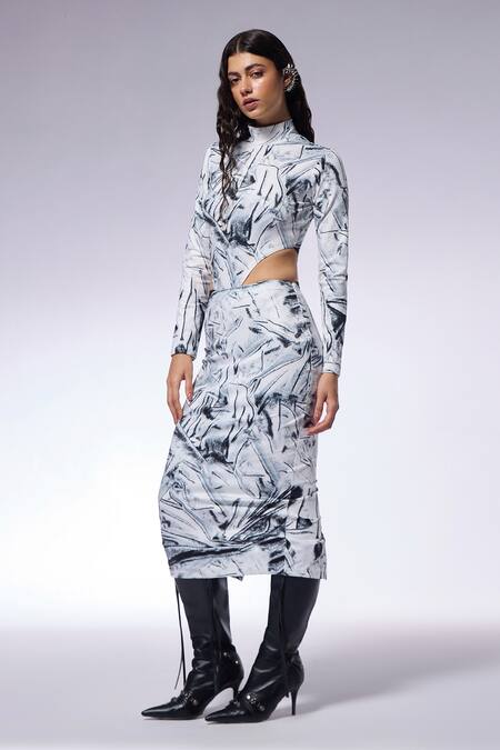 Cilvr Black Polyester, Spandex High Neck Crushed Paper Print Bodysuit Top And Skirt Set Online at Aza Fashions Cilvr_Black Polyester, Spandex High Neck Crushed Paper Print Bodysuit Top And Skirt Set _Online_at_Aza_Fashions