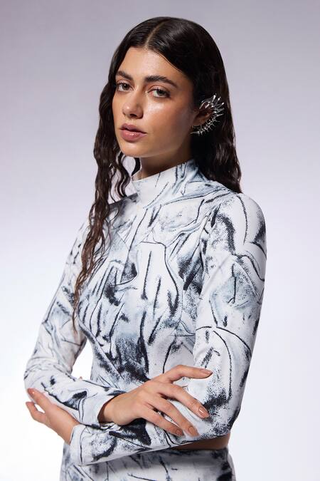 Shop Cilvr Black Polyester, Spandex High Neck Crushed Paper Print Bodysuit Top And Skirt Set Online at Aza Fashions Shop_Cilvr_Black Polyester, Spandex High Neck Crushed Paper Print Bodysuit Top And Skirt Set _Online_at_Aza_Fashions