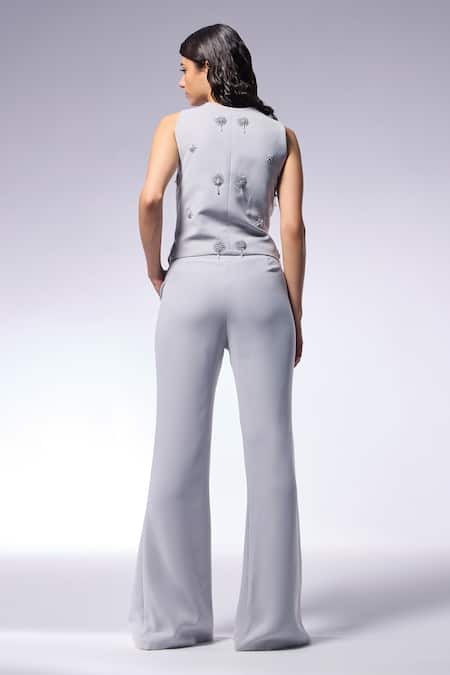 Shop Cilvr Gray Polyester, Viscose Cut Work V-neck Cutdana Flora Embroidered Waistcoat at Aza Fashions Shop_Cilvr_Gray Polyester, Viscose Cut Work V-neck Cutdana Flora Embroidered Waistcoat _at_Aza_Fashions