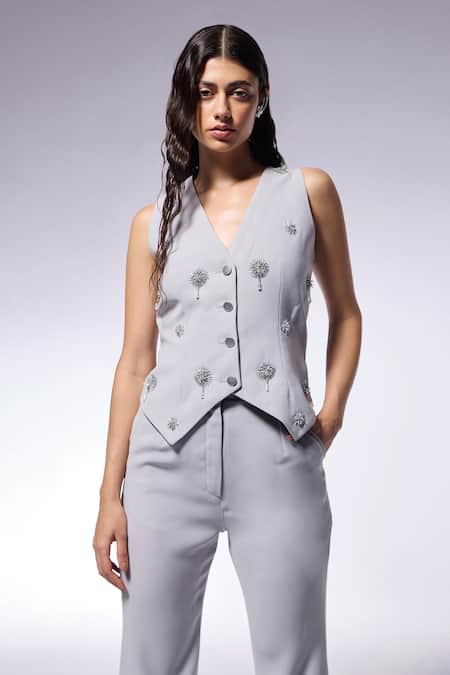 Cilvr Gray Polyester, Viscose Cut Work V-neck Cutdana Flora Embroidered Waistcoat Online at Aza Fashions Cilvr_Gray Polyester, Viscose Cut Work V-neck Cutdana Flora Embroidered Waistcoat _Online_at_Aza_Fashions