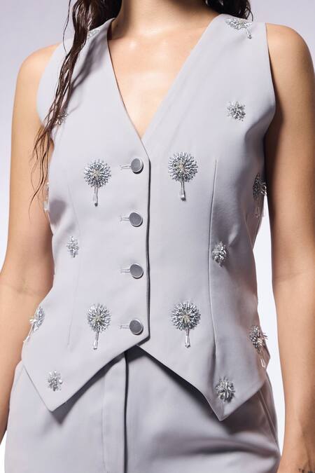 Buy Cilvr Gray Polyester, Viscose Cut Work V-neck Cutdana Flora Embroidered Waistcoat Online at Aza Fashions Buy_Cilvr_Gray Polyester, Viscose Cut Work V-neck Cutdana Flora Embroidered Waistcoat _Online_at_Aza_Fashions