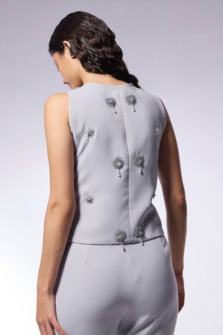 Shop Cilvr Gray Polyester, Viscose Cut Work V-neck Cutdana Flora Embroidered Waistcoat Online at Aza Fashions Shop_Cilvr_Gray Polyester, Viscose Cut Work V-neck Cutdana Flora Embroidered Waistcoat _Online_at_Aza_Fashions