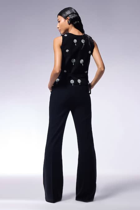 Shop Cilvr Black Polyester, Viscose Cut Work Cutdana Fiore Embroidered Waistcoat And Pant Set at Aza Fashions Shop_Cilvr_Black Polyester, Viscose Cut Work Cutdana Fiore Embroidered Waistcoat And Pant Set _at_Aza_Fashions