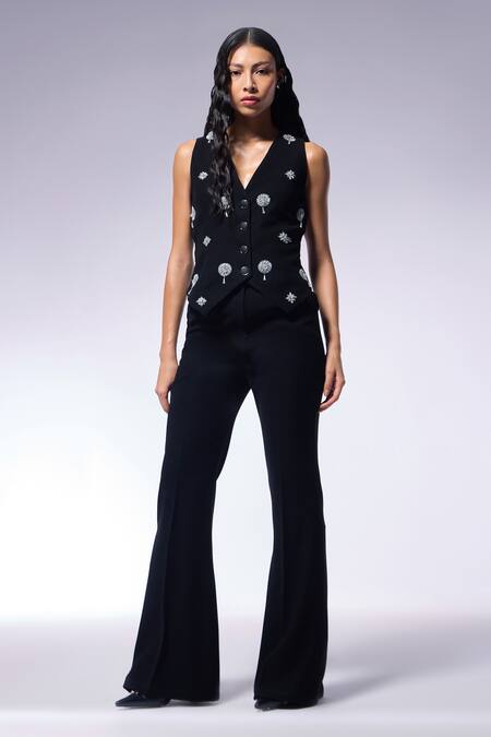 Cilvr Black Polyester, Viscose Cut Work Cutdana Fiore Embroidered Waistcoat And Pant Set Online at Aza Fashions Cilvr_Black Polyester, Viscose Cut Work Cutdana Fiore Embroidered Waistcoat And Pant Set _Online_at_Aza_Fashions