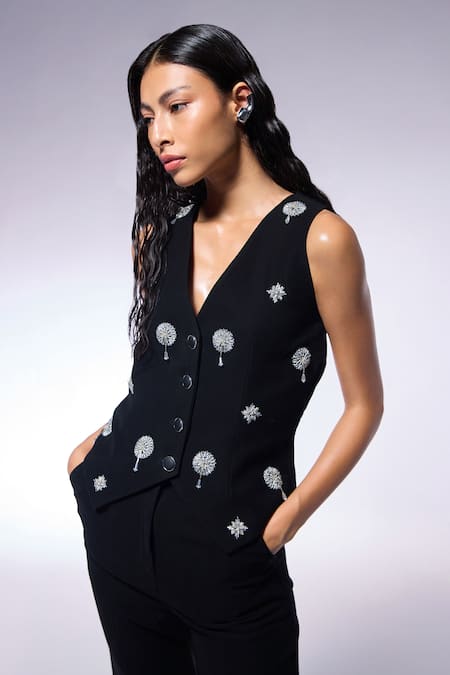 Shop Cilvr Black Polyester, Viscose Cut Work Cutdana Fiore Embroidered Waistcoat And Pant Set Online at Aza Fashions Shop_Cilvr_Black Polyester, Viscose Cut Work Cutdana Fiore Embroidered Waistcoat And Pant Set _Online_at_Aza_Fashions