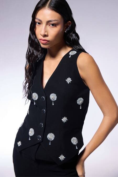 Cilvr Black Polyester, Viscose Cut Work Cutdana Fiore Embroidered Waistcoat And Pant Set at Aza Fashions Cilvr_Black Polyester, Viscose Cut Work Cutdana Fiore Embroidered Waistcoat And Pant Set _at_Aza_Fashions