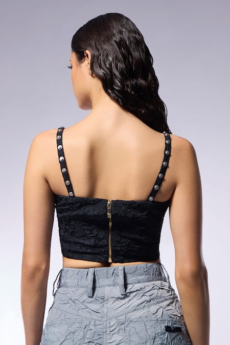Cilvr Crushed Black Corset Top with Metal Studs 