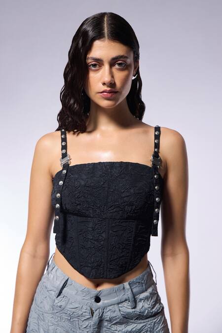 Cilvr_Black Polyester, Viscose Studs Square Neck Crushed Corset Top With Metal _Online_at_Aza_Fashions
