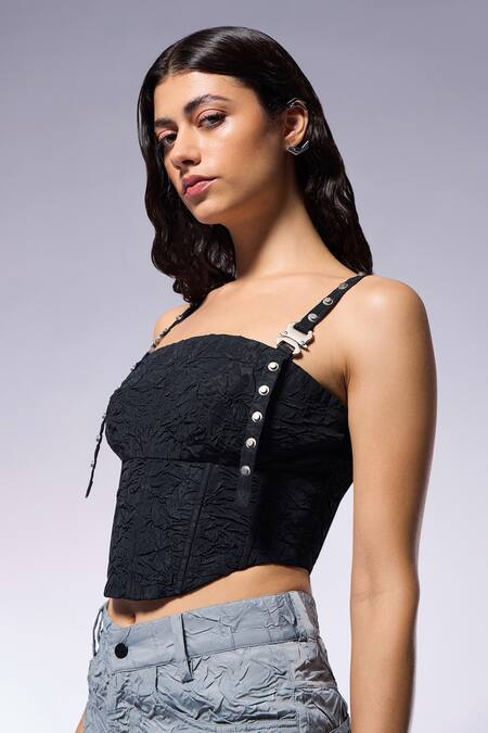 Buy_Cilvr_Black Polyester, Viscose Studs Square Neck Crushed Corset Top With Metal _Online_at_Aza_Fashions