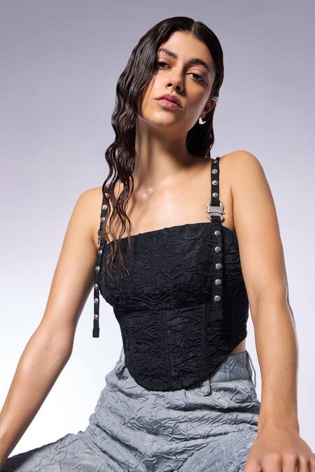 Cilvr_Black Polyester, Viscose Studs Square Neck Crushed Corset Top With Metal _at_Aza_Fashions