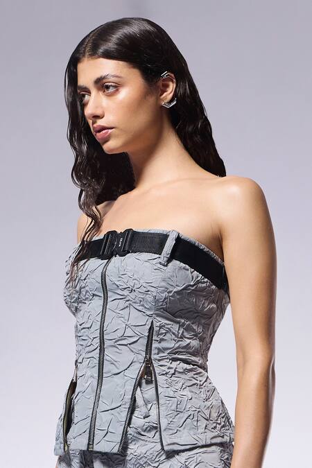 Shop_Cilvr_Gray Polyester, Viscose Off-shoulder Crushed Texture Corset Top With Belt _Online_at_Aza_Fashions