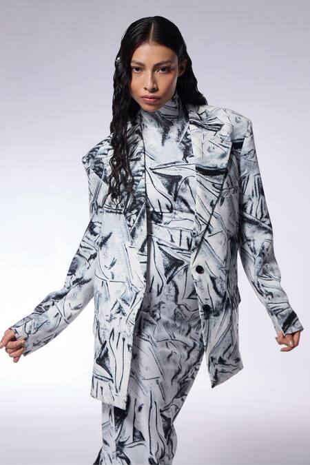 Shop_Cilvr_Black Viscose Crushed Paper Print Blazer _Online_at_Aza_Fashions
