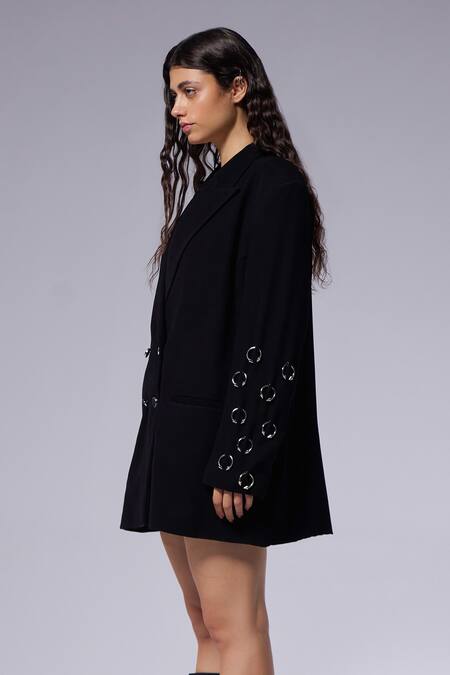 Buy_Cilvr_Black Polyester, Viscose Metal Septum Sleeve Blazer _Online_at_Aza_Fashions