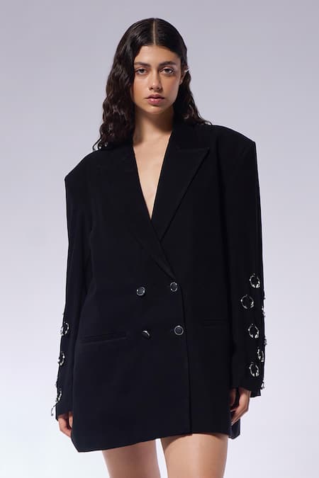Shop_Cilvr_Black Polyester, Viscose Metal Septum Sleeve Blazer _Online_at_Aza_Fashions