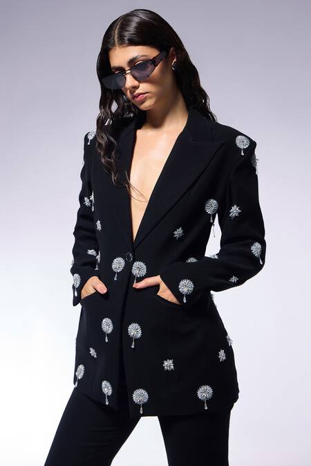Cilvr Black Viscose, Polyester Embroidery, Tassels Floral Blazer Online at Aza Fashions Cilvr_Black Viscose, Polyester Embroidery, Tassels Floral Blazer _Online_at_Aza_Fashions