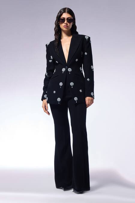 Shop Cilvr Black Viscose, Polyester Embroidery, Tassels Floral Blazer Online at Aza Fashions Shop_Cilvr_Black Viscose, Polyester Embroidery, Tassels Floral Blazer _Online_at_Aza_Fashions