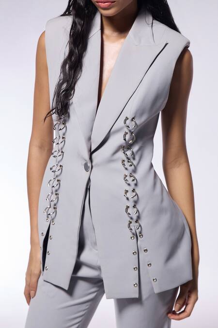 Buy_Cilvr_Gray Polyester Open Neck Metal Septum Detailed Sleeveless Jacket _Online_at_Aza_Fashions