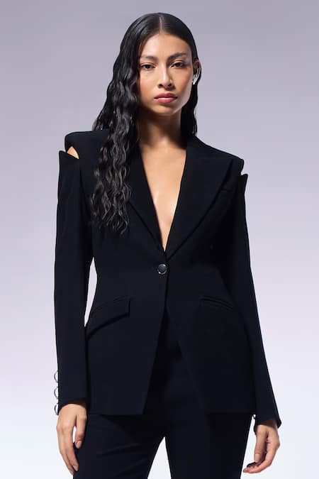 Buy_Cilvr_Black Polyester, Viscose Metallic Thread Spine Detailed Jacket _Online_at_Aza_Fashions
