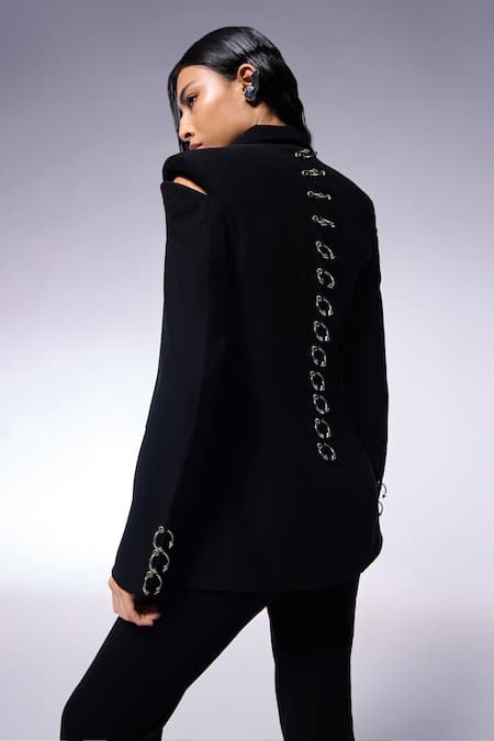 Shop_Cilvr_Black Polyester, Viscose Metallic Thread Spine Detailed Jacket _Online_at_Aza_Fashions