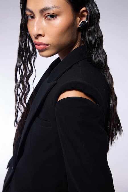 Cilvr_Black Polyester, Viscose Metallic Thread Spine Detailed Jacket _at_Aza_Fashions