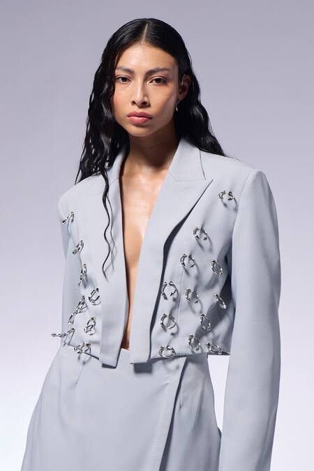 Cilvr_Gray Polyester, Viscose Hand Embellished Cropped Blazer _Online_at_Aza_Fashions
