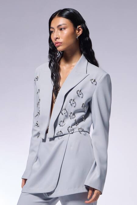 Buy_Cilvr_Gray Polyester, Viscose Hand Embellished Cropped Blazer _Online_at_Aza_Fashions