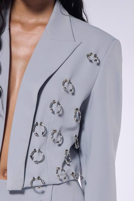 Shop_Cilvr_Gray Polyester, Viscose Hand Embellished Cropped Blazer _Online_at_Aza_Fashions