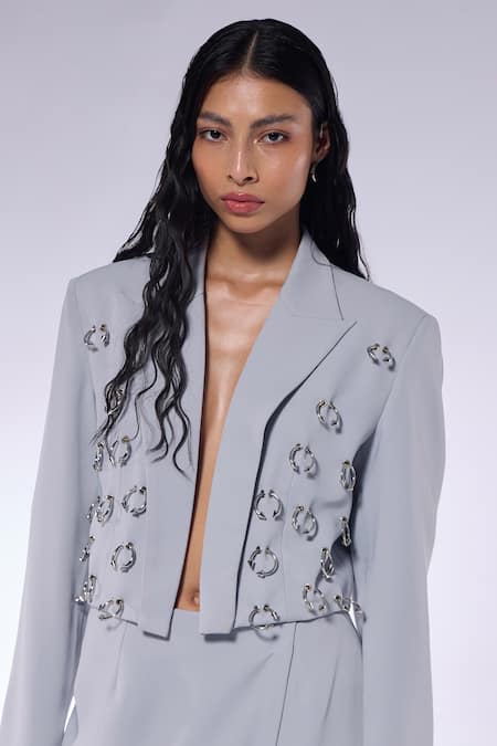 Cilvr_Gray Polyester, Viscose Hand Embellished Cropped Blazer _at_Aza_Fashions