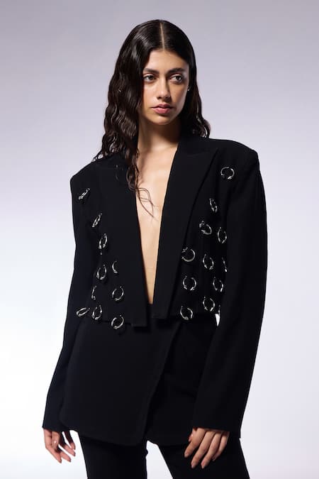 Buy_Cilvr_Black Polyester Metallic Thread Hand Embellished Septum Blazer _Online_at_Aza_Fashions