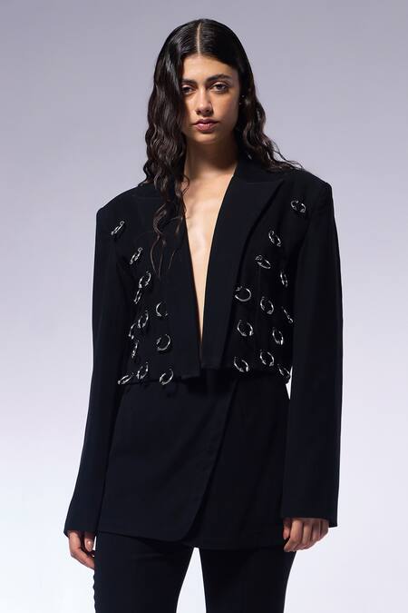 Shop_Cilvr_Black Polyester Metallic Thread Hand Embellished Septum Blazer _Online_at_Aza_Fashions