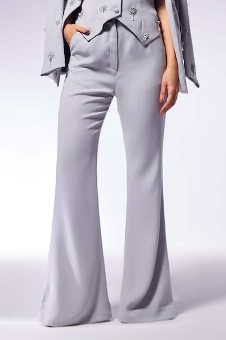 Cilvr_Gray Polyester, Viscose Embroidery, Tassels V-neck Floral Hand Blazer Set _Online_at_Aza_Fashions