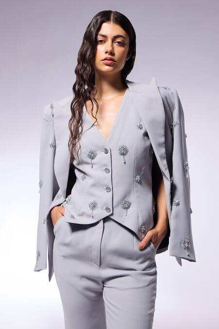 Buy_Cilvr_Gray Polyester, Viscose Embroidery, Tassels V-neck Floral Hand Blazer Set _Online_at_Aza_Fashions