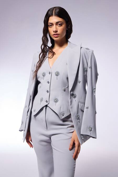 Shop_Cilvr_Gray Polyester, Viscose Embroidery, Tassels V-neck Floral Hand Blazer Set _Online_at_Aza_Fashions