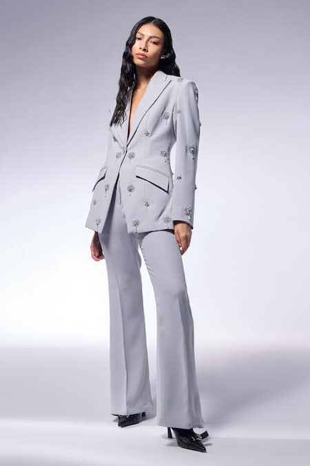 Cilvr_Gray Polyester, Viscose Embroidery Floral Hand Blazer And Pant Set _Online_at_Aza_Fashions