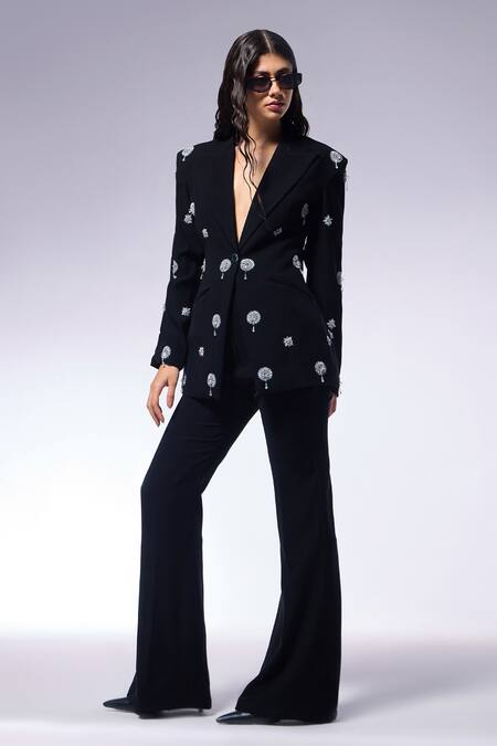 Shop_Cilvr_Black Polyester, Viscose Tassels, Embroidery Floral Blazer And Pant Set _Online_at_Aza_Fashions