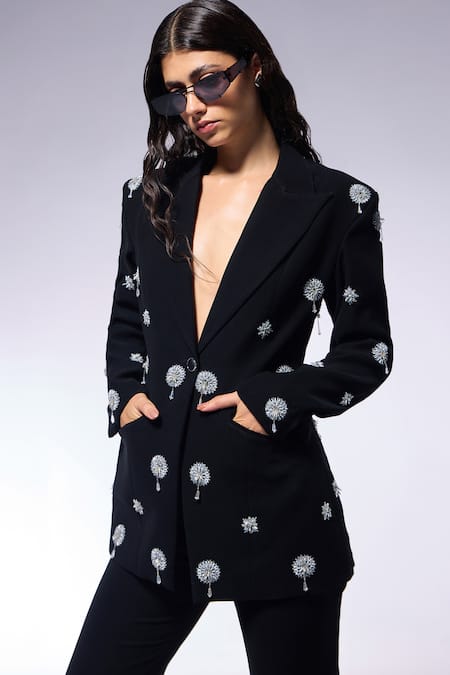 Cilvr_Black Polyester, Viscose Tassels, Embroidery Floral Blazer And Pant Set _at_Aza_Fashions